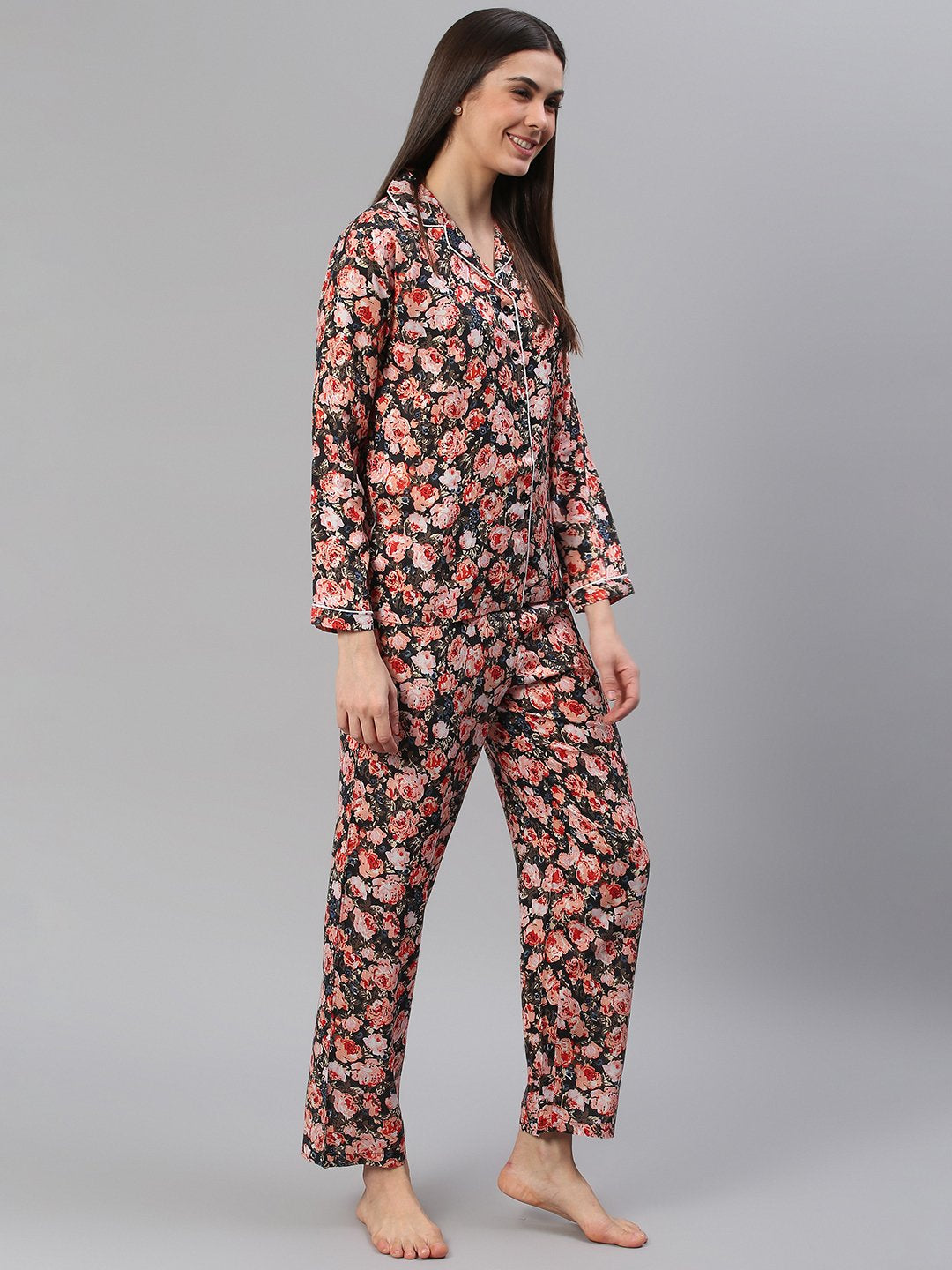 Cation Black Floral Night Suit