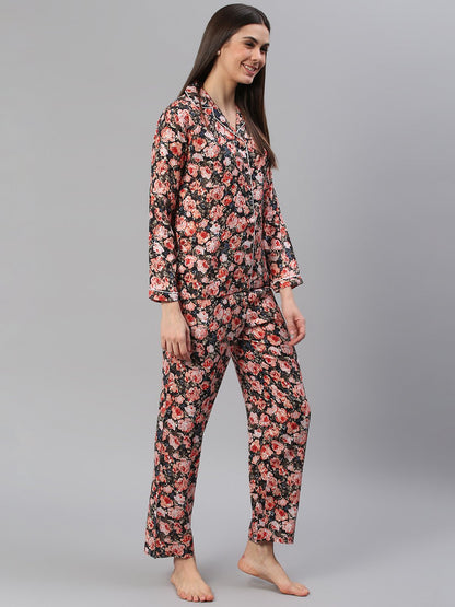 Cation Black Floral Night Suit