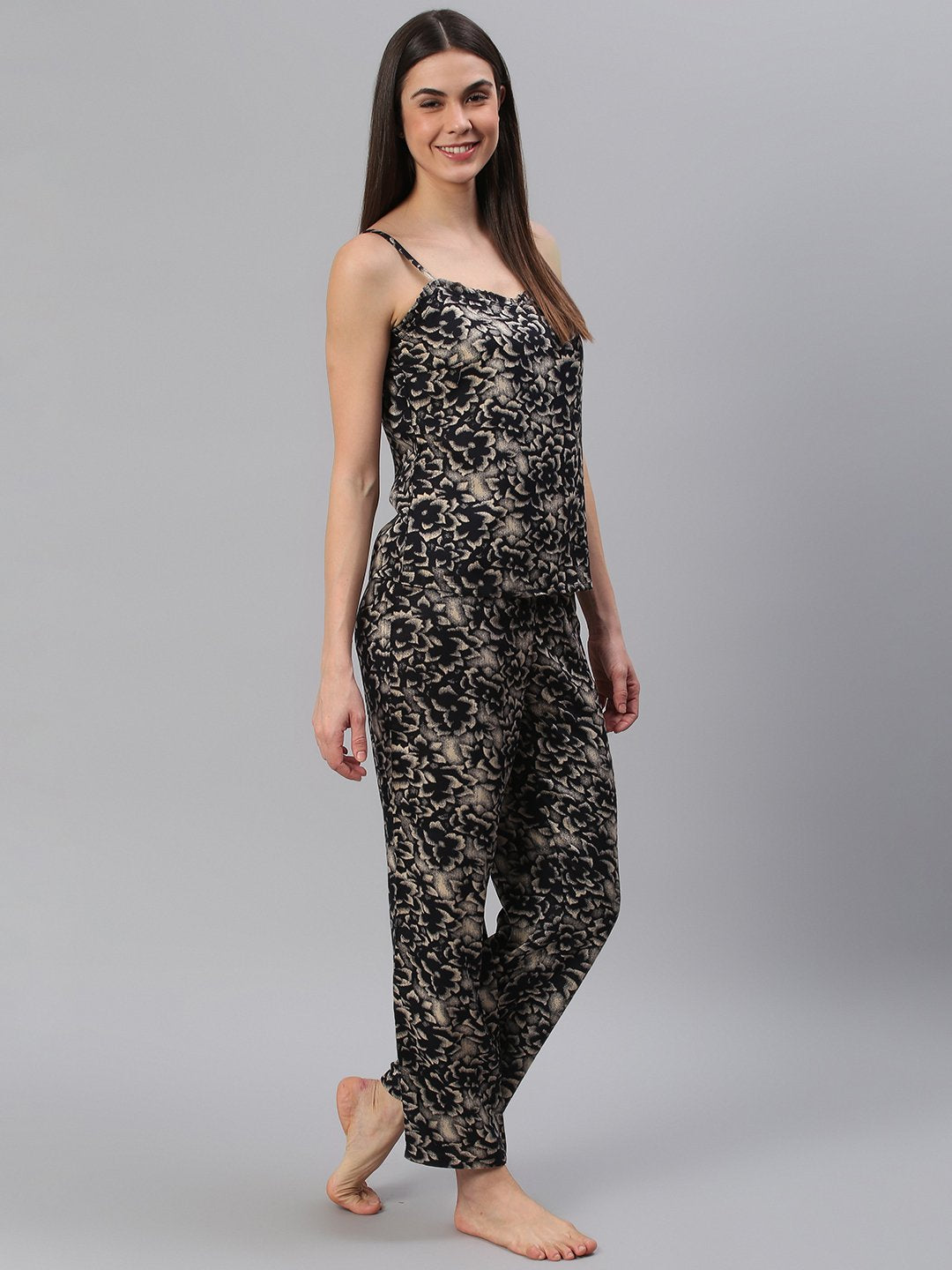 Cation Black Floral Strap Night Suit