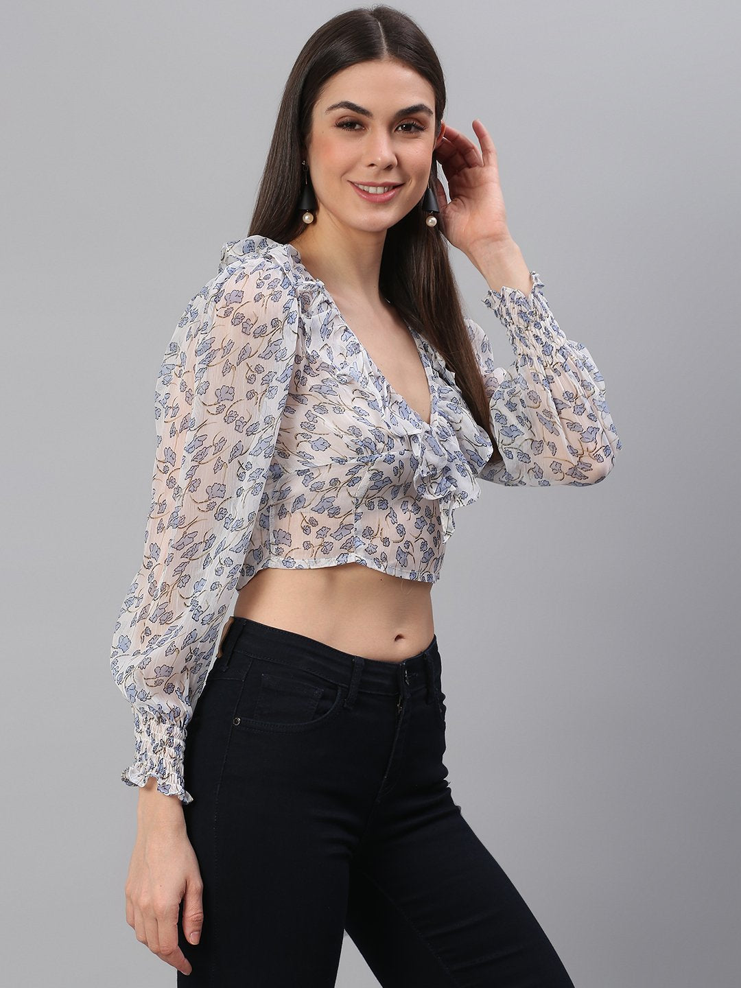 White Blue Printed Top