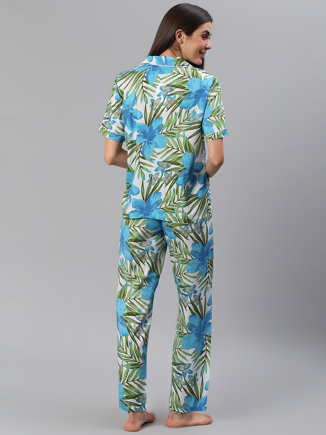 Cation Blue Tropical Print Night Suit