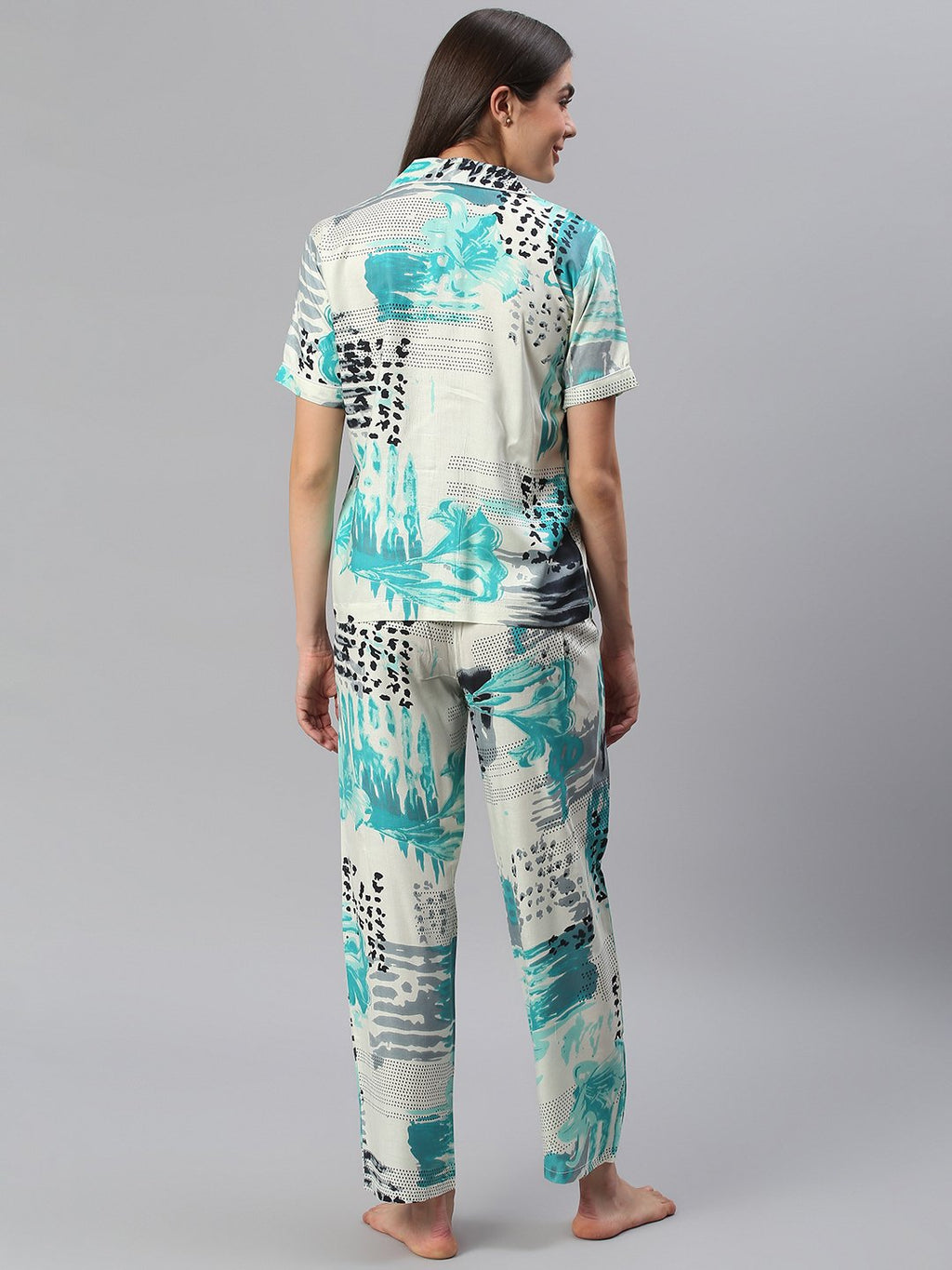 Cation White Blue Printed Night Suit