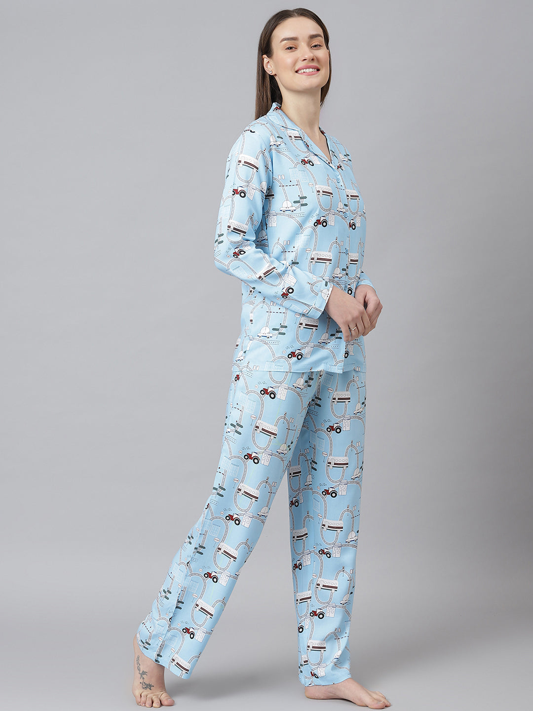 Cation Blue Printed Night Suit