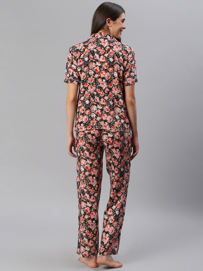 Cation Black Floral Night Suit