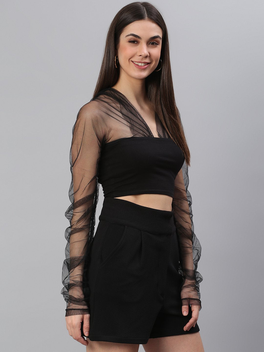 Black Solid Top with Net Sleeves