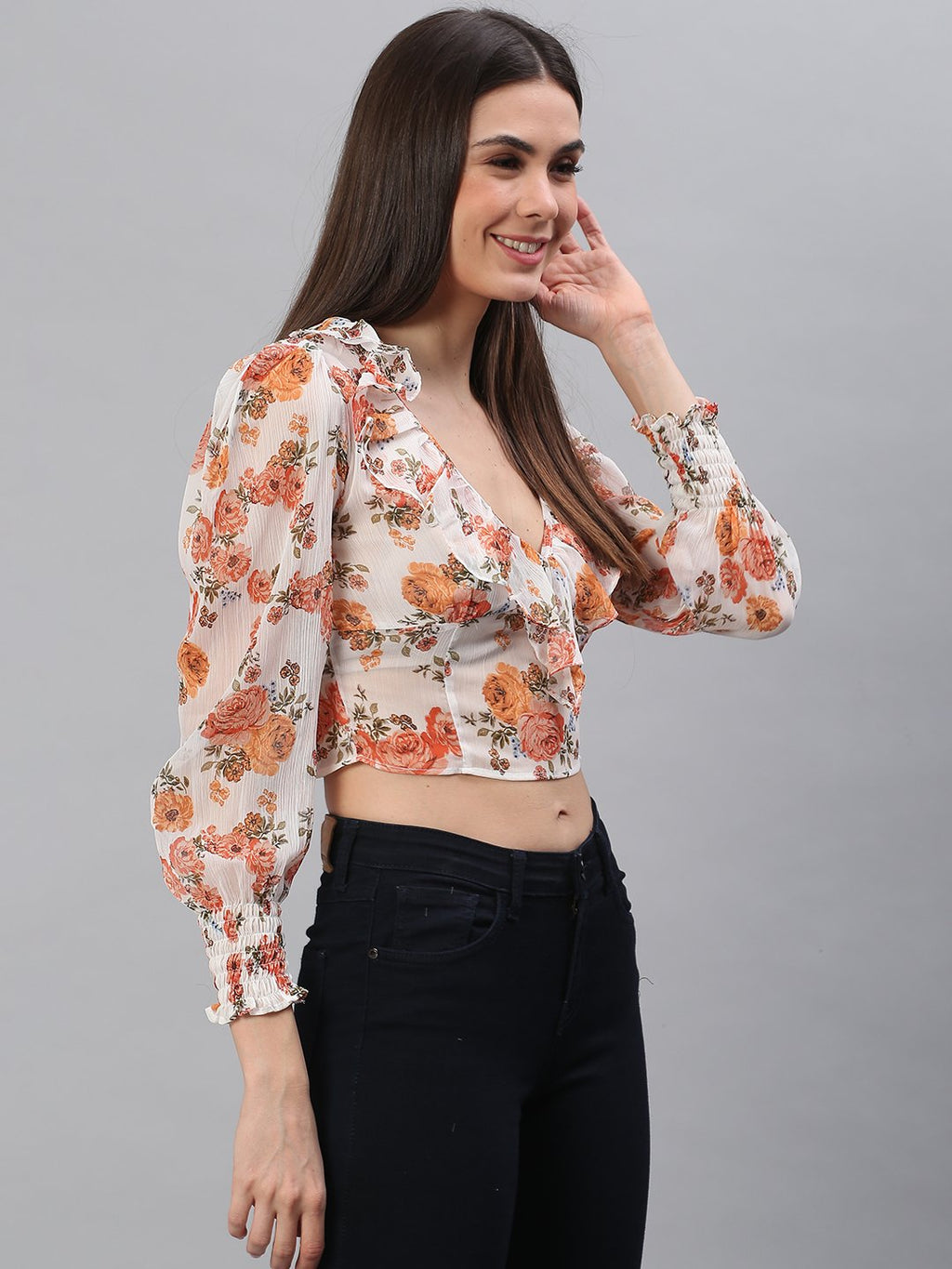 White Orange Floral Top