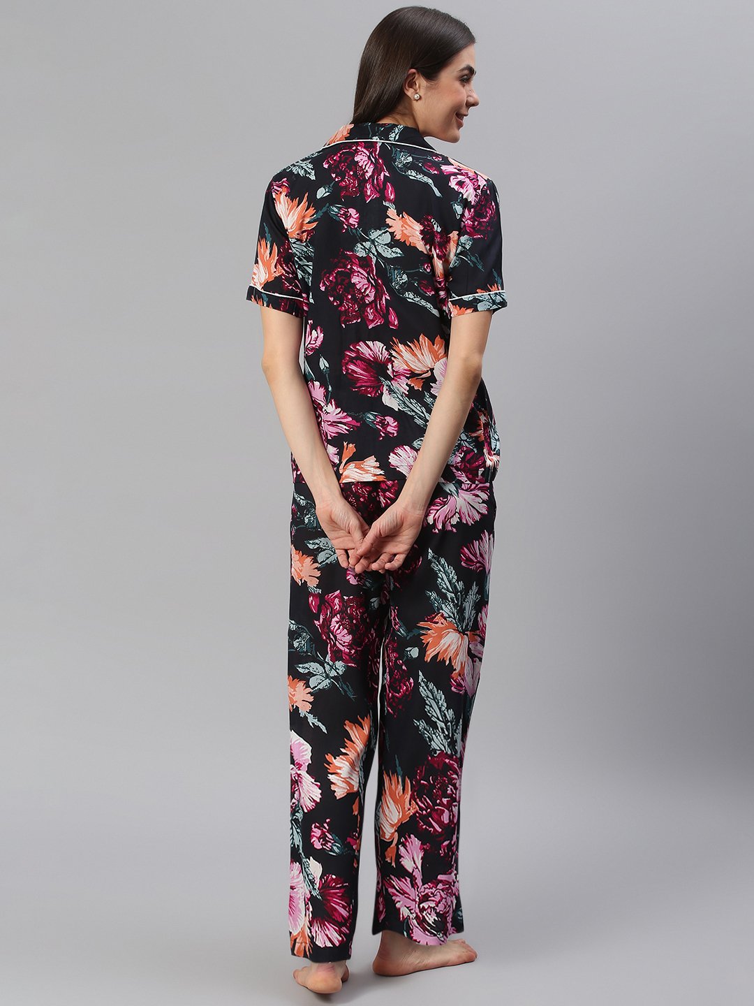 Cation Black Floral Night Suit