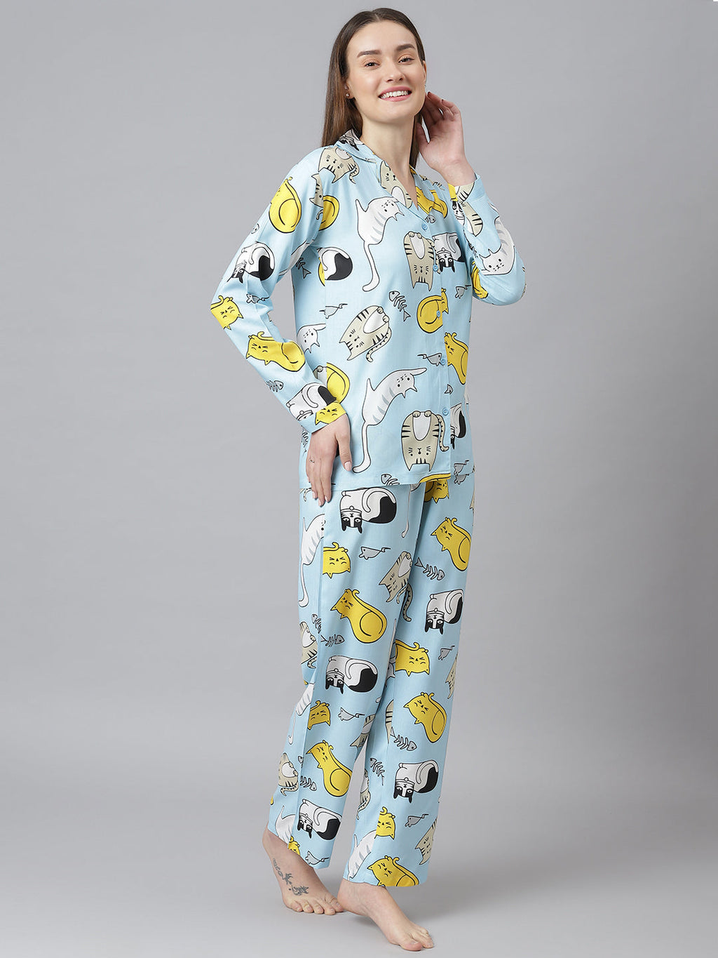 Cation Blue Printed Night Suit