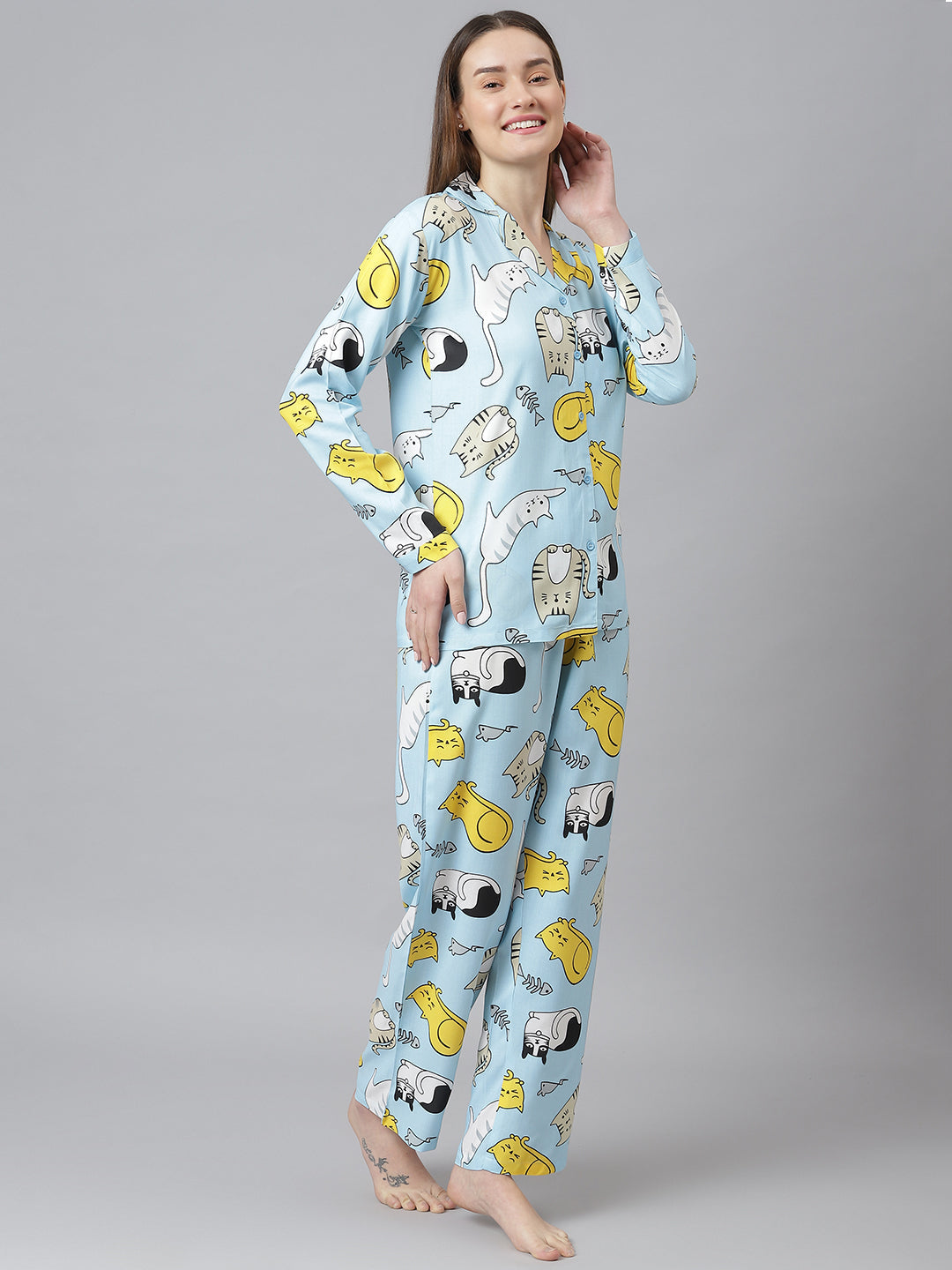 Cation Blue Printed Night Suit