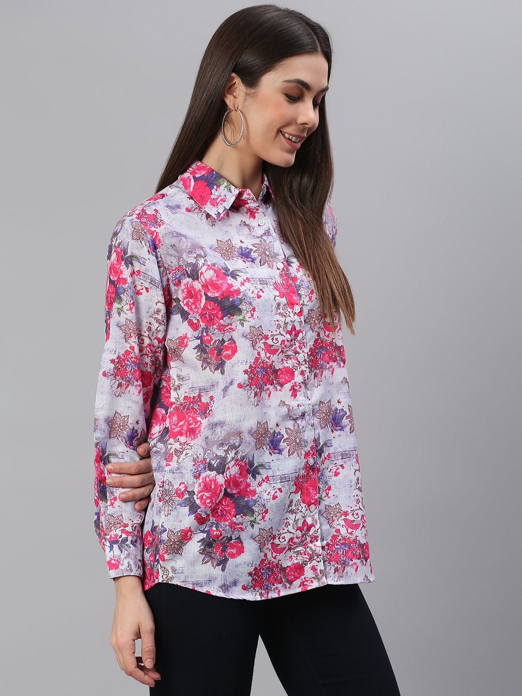 White Pink Floral Print Shirt