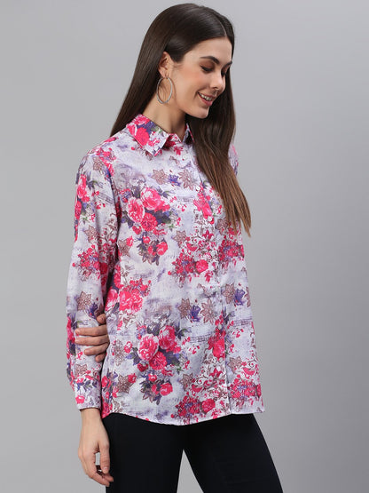 White Pink Floral Print Shirt