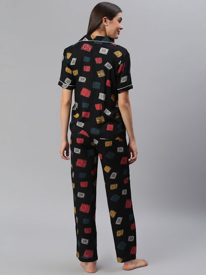 Cation Black Printed Night Suit