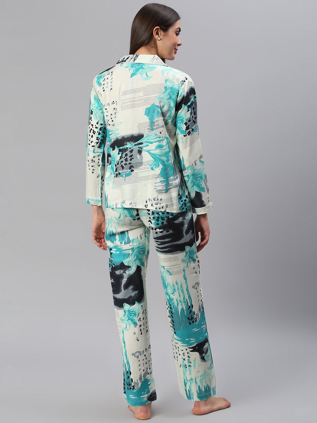 Cation White Blue Printed Night Suit
