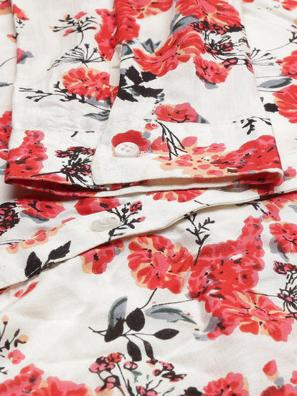 SCORPIUS White & Red Floral Rayon Shirt