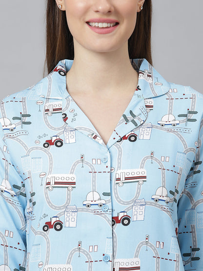 Cation Blue Printed Night Suit