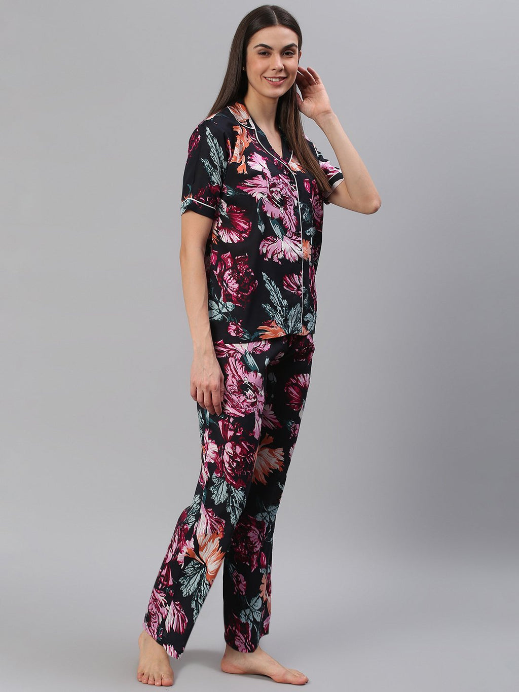 Cation Black Floral Night Suit