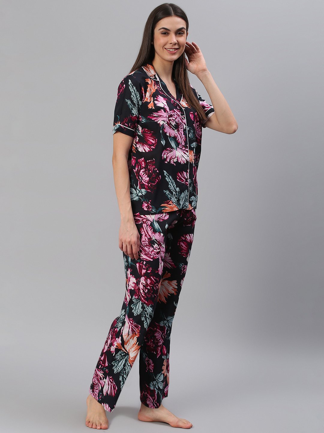 Cation Black Floral Night Suit