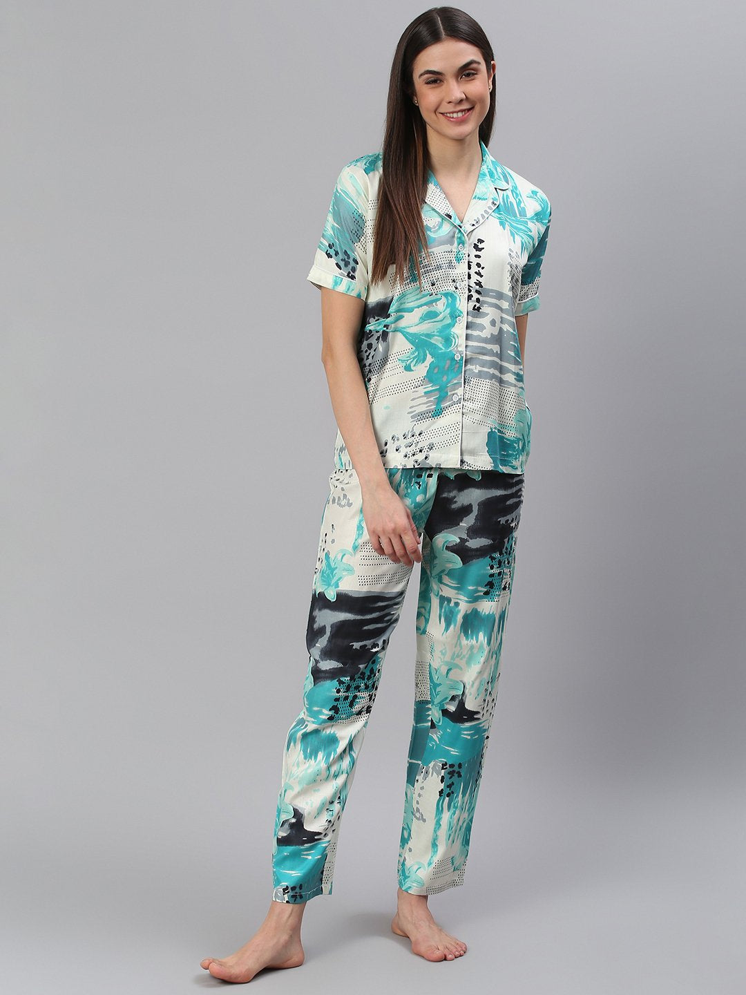 Cation White Blue Printed Night Suit