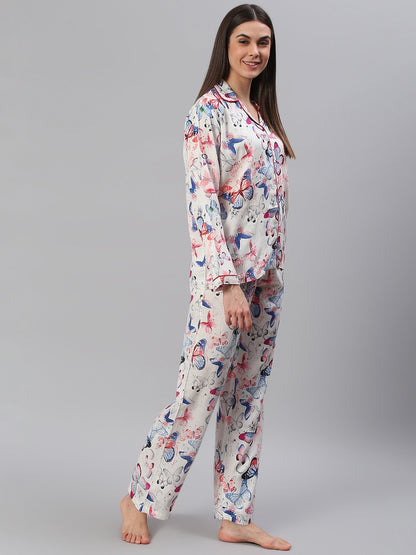 Cation White Butterfly Print Night Suit