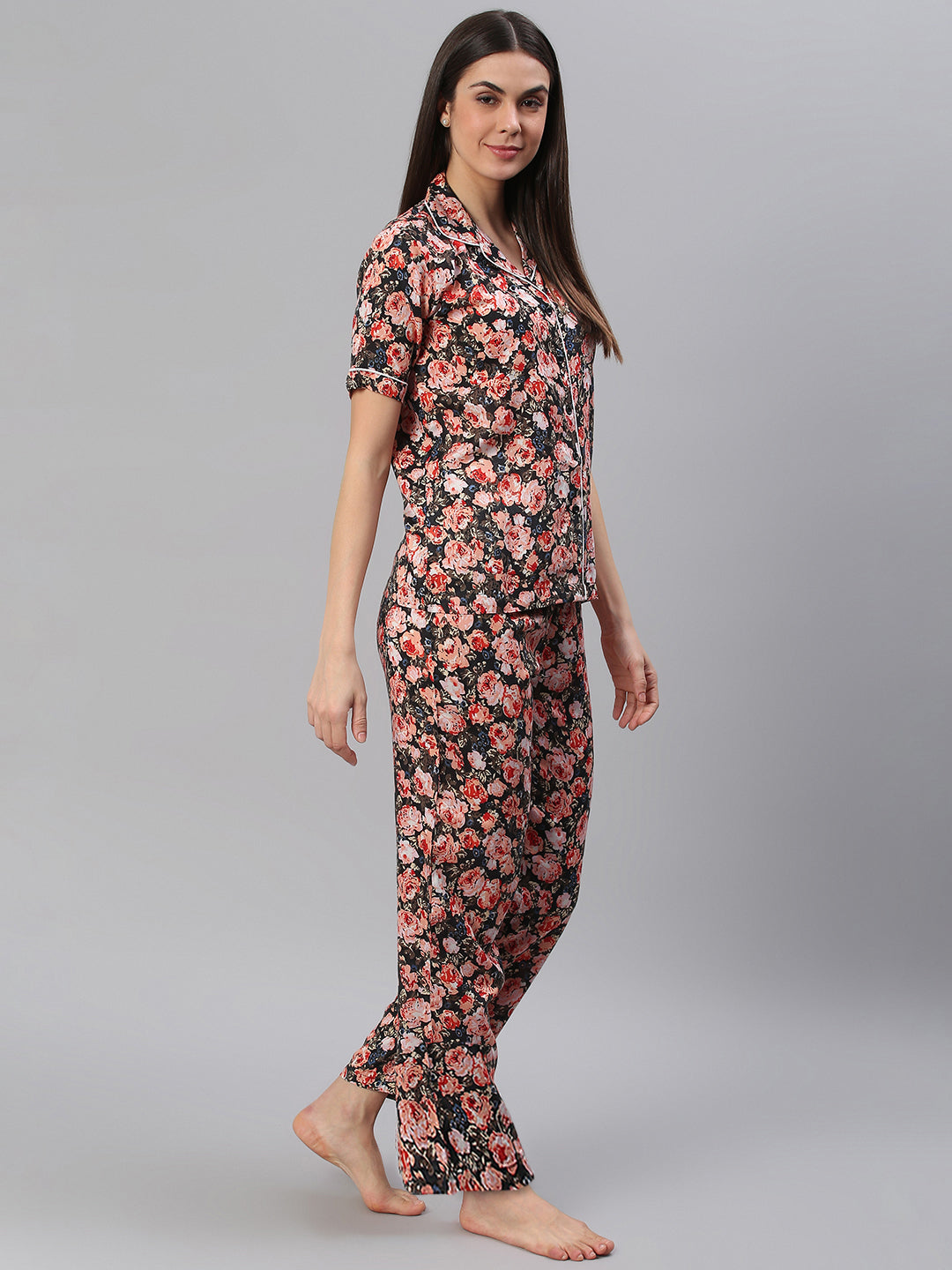 Cation Black Floral Night Suit