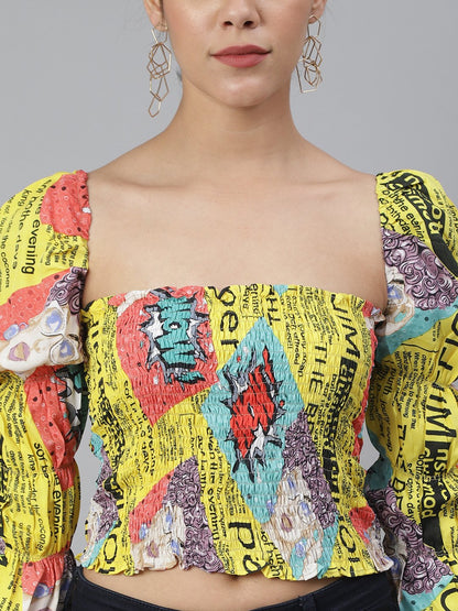 SCORPIUS Yellow Printed smocked croptop