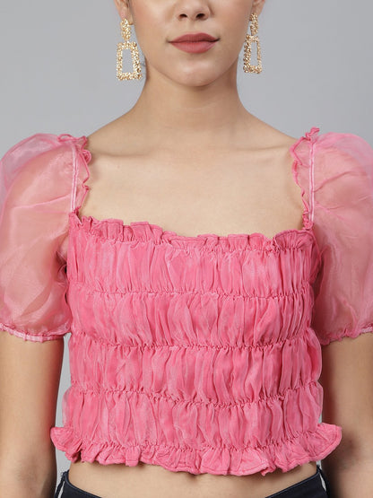 SCORPIUS Pink Organza Ruched Crop top