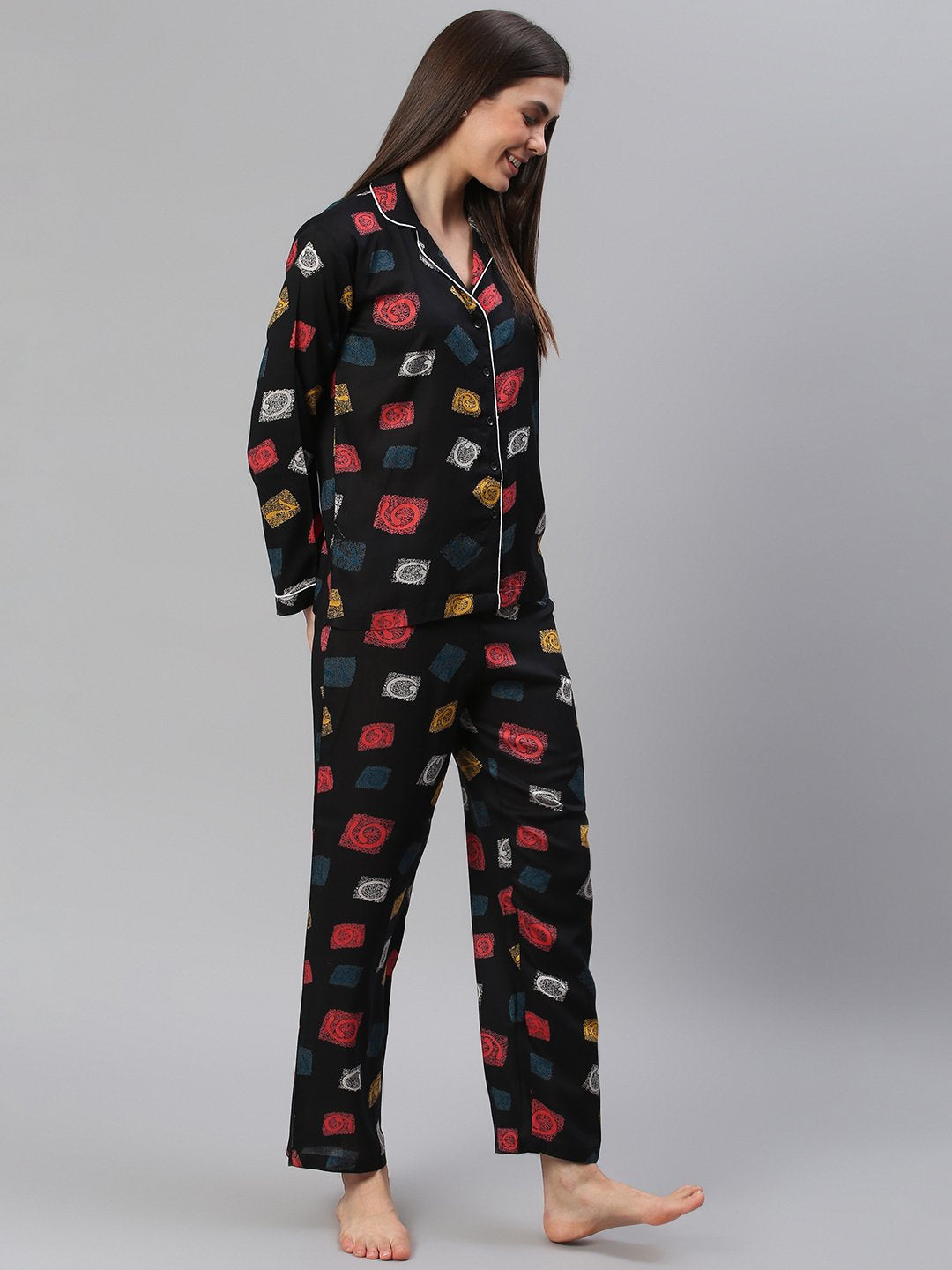 Cation Black Printed Night Suit
