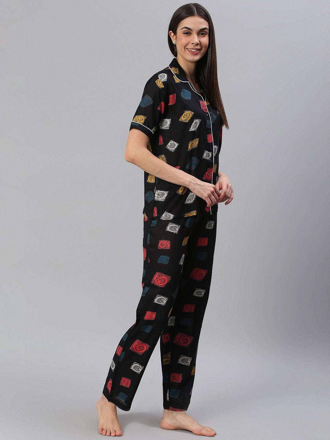Cation Black Printed Night Suit