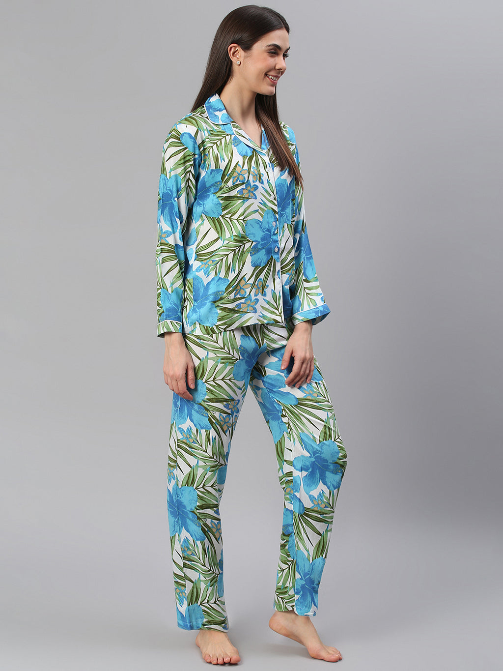 Cation Blue Tropical Print Night Suit