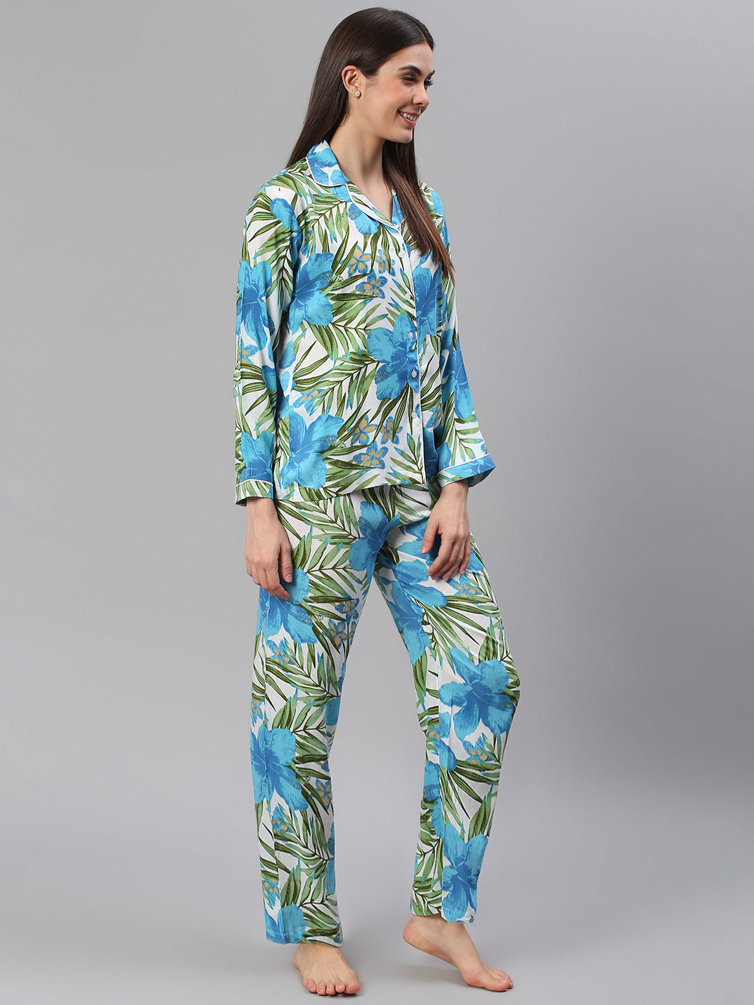 Cation Blue Tropical Print Night Suit