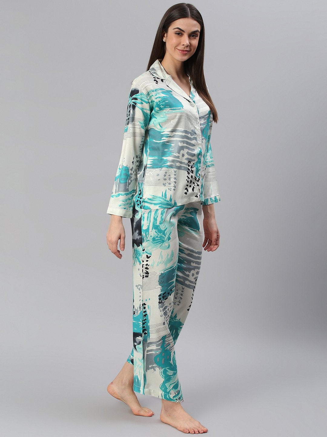 Cation White Blue Printed Night Suit