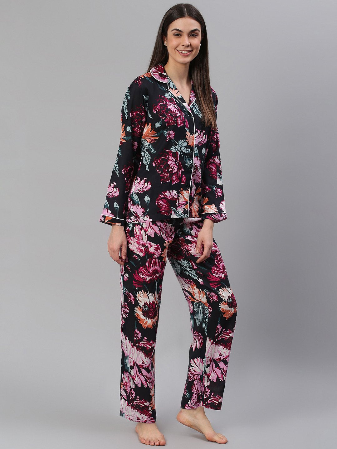 Cation Black Floral Night Suit