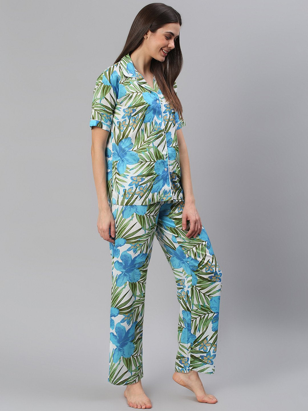 Cation Blue Tropical Print Night Suit