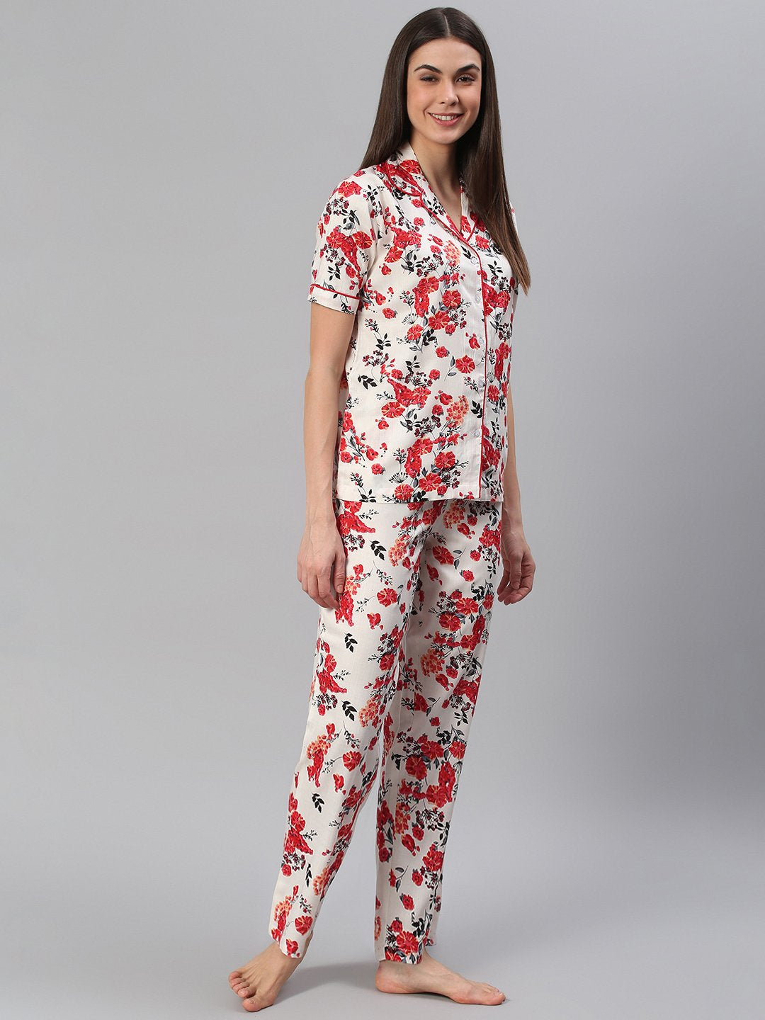 Cation White Floral Night Suit