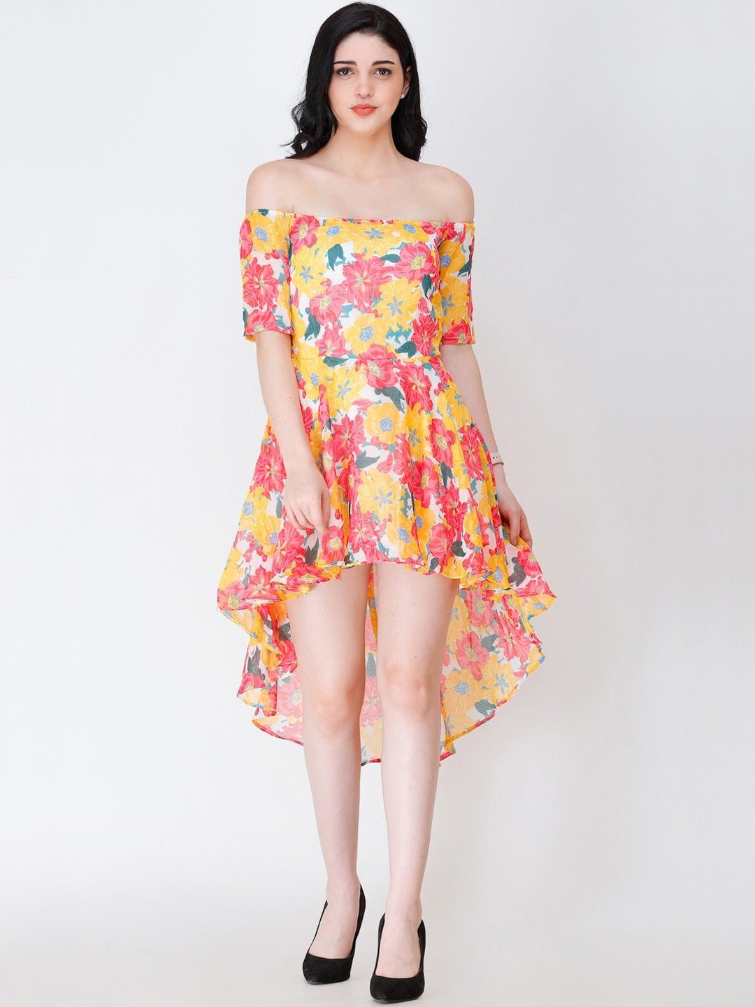 Multicoloured Floral Print Off Shoulder Dress