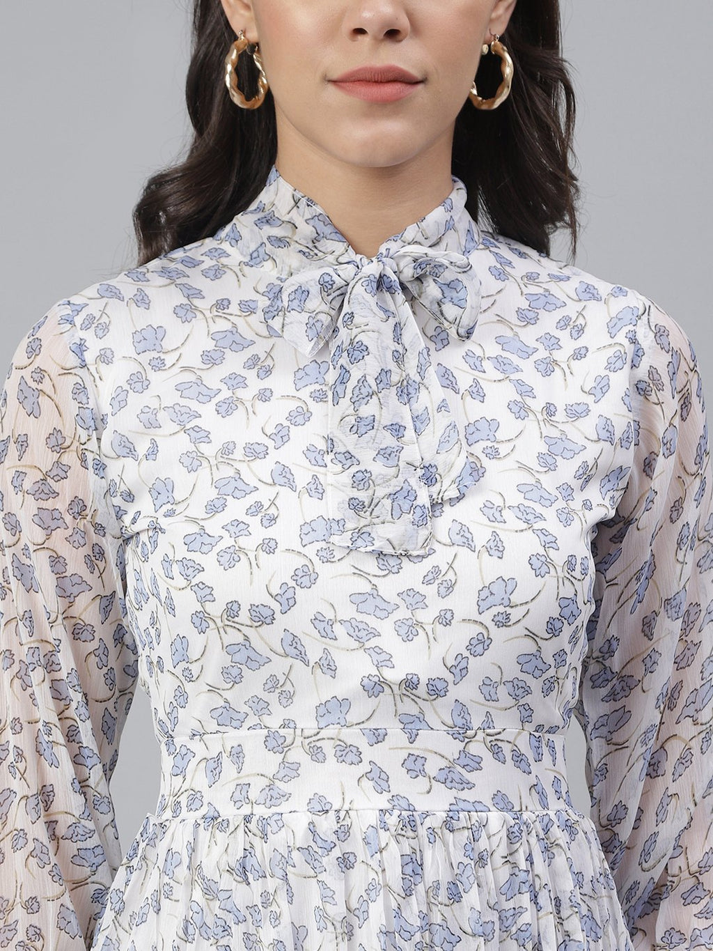 SCORPIUS Floral Tie-Up Neck Chiffon Maxi Dress