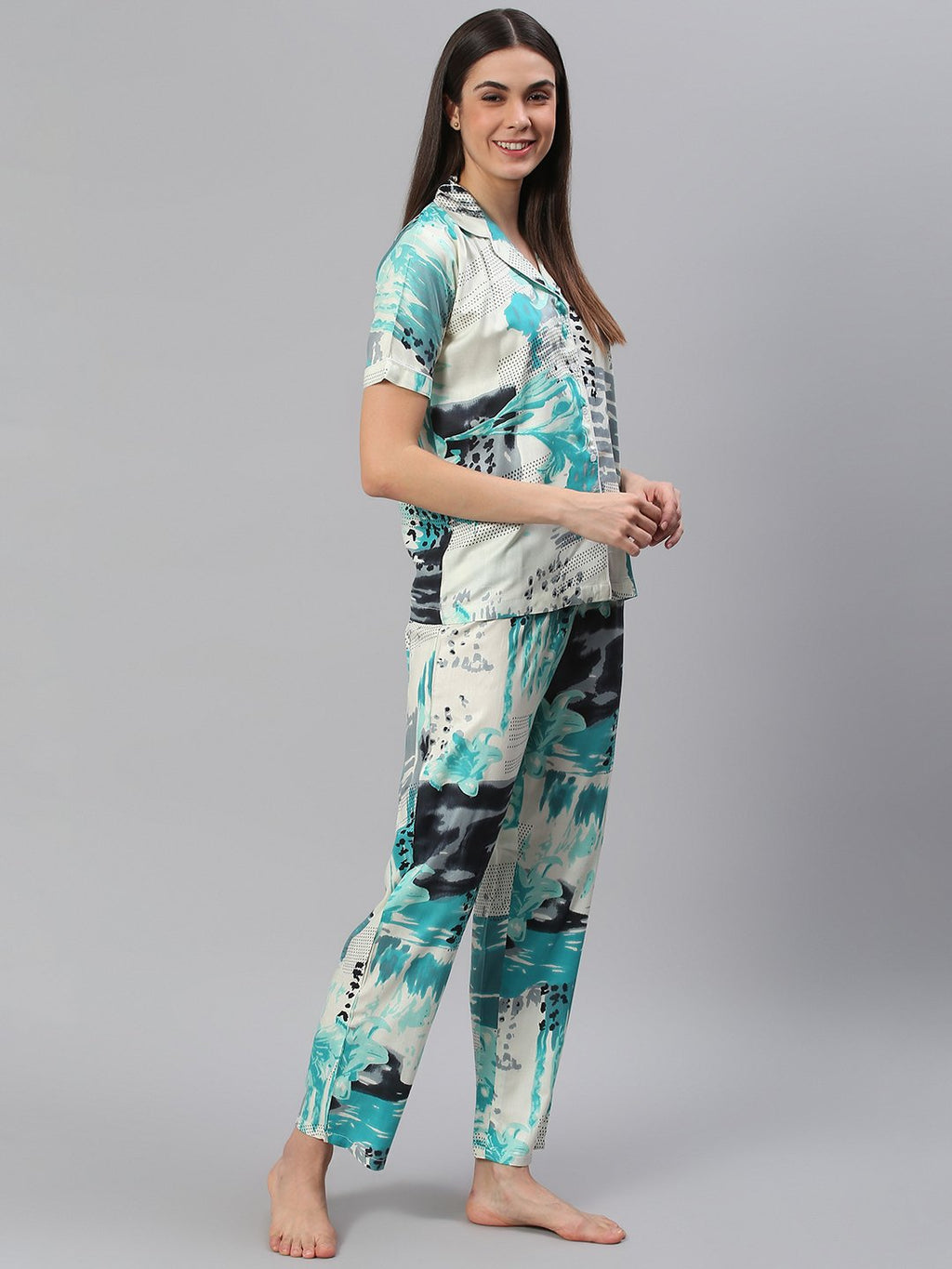 Cation White Blue Printed Night Suit