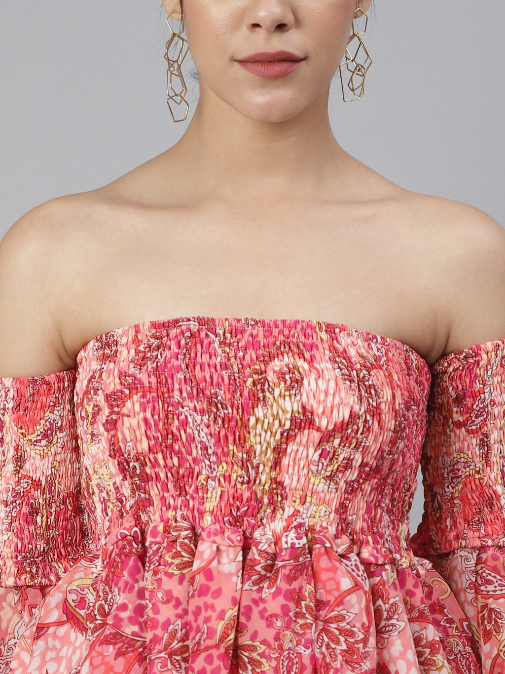 SCORPIUS Pink printed offshoulder frill sleeve top