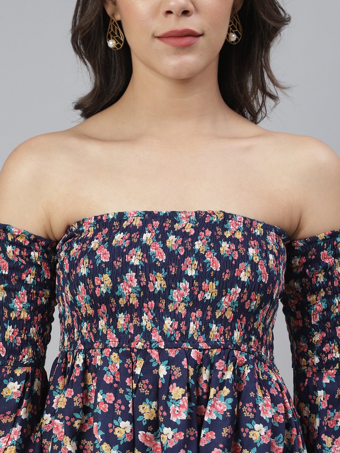 SCORPIUS Purple Printed Smocked Offshoulder Top