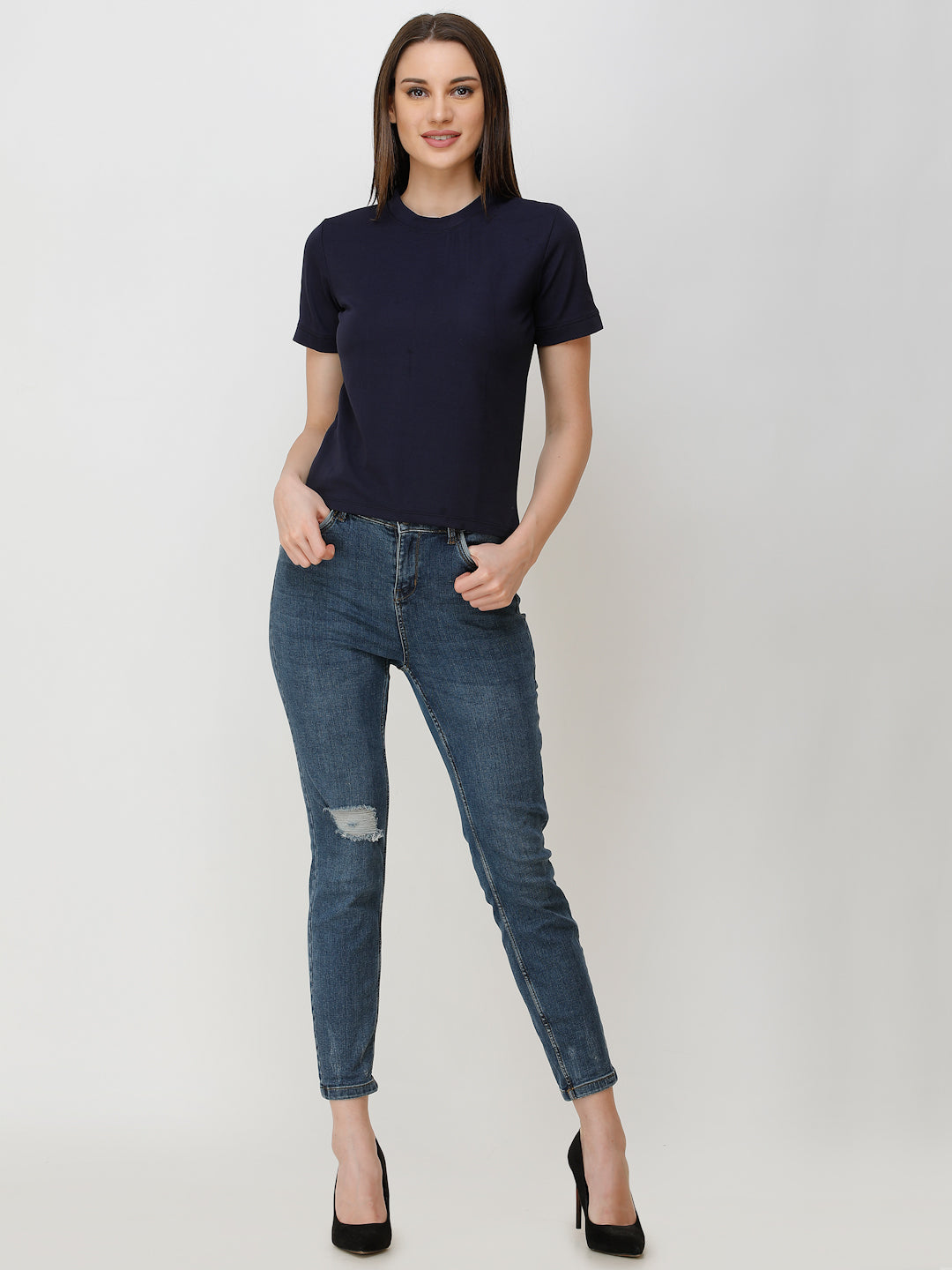 SCORPIUS Women Navy Blue Solid Top