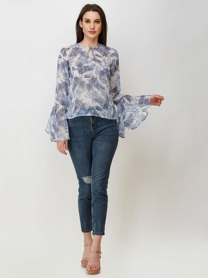 SCORPIUS Women Off-White & Blue Printed Top