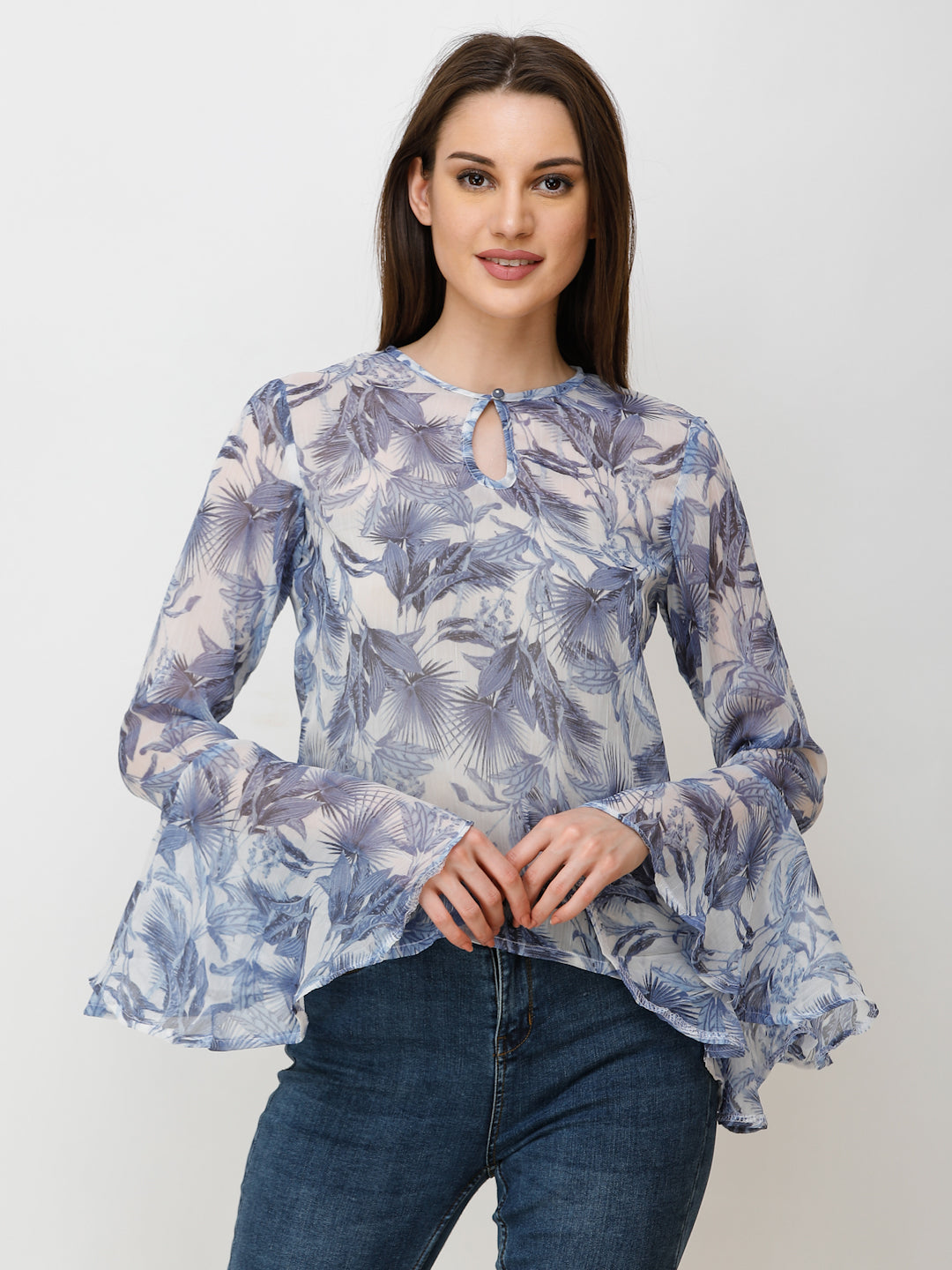 SCORPIUS Women Off-White & Blue Printed Top