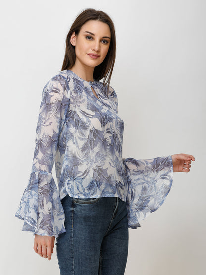 SCORPIUS Women Off-White & Blue Printed Top