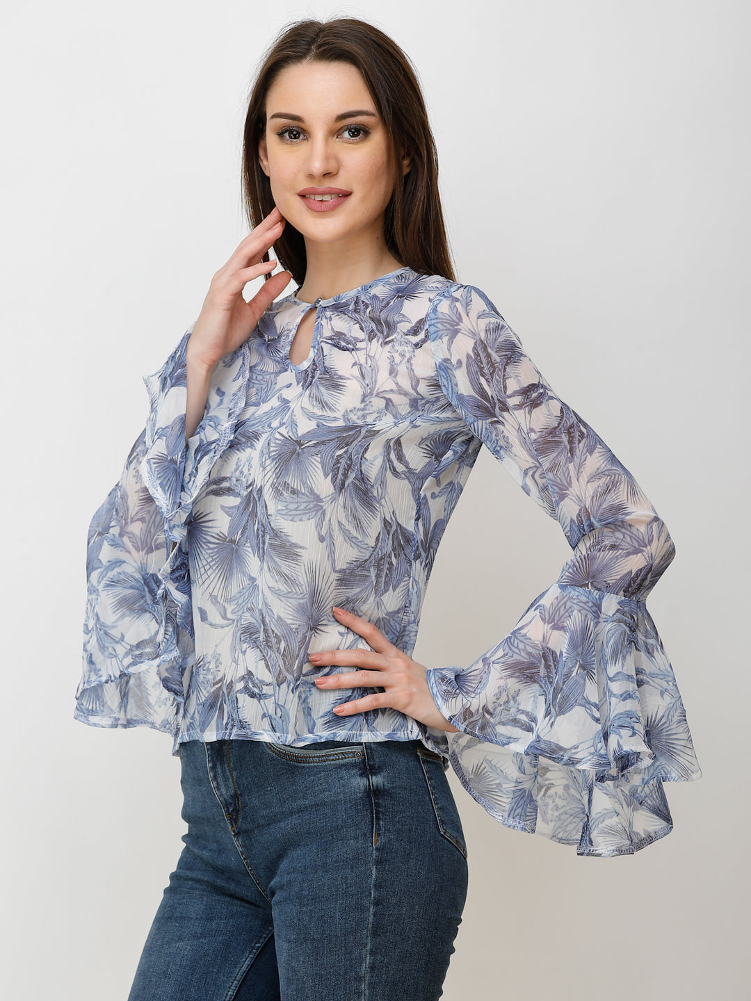 SCORPIUS Women Off-White & Blue Printed Top