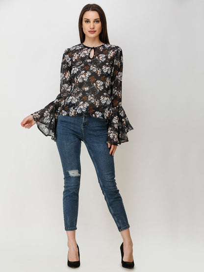 SCORPIUS Women Black & White Floral Printed Top