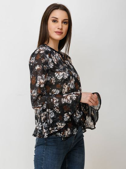 SCORPIUS Women Black & White Floral Printed Top