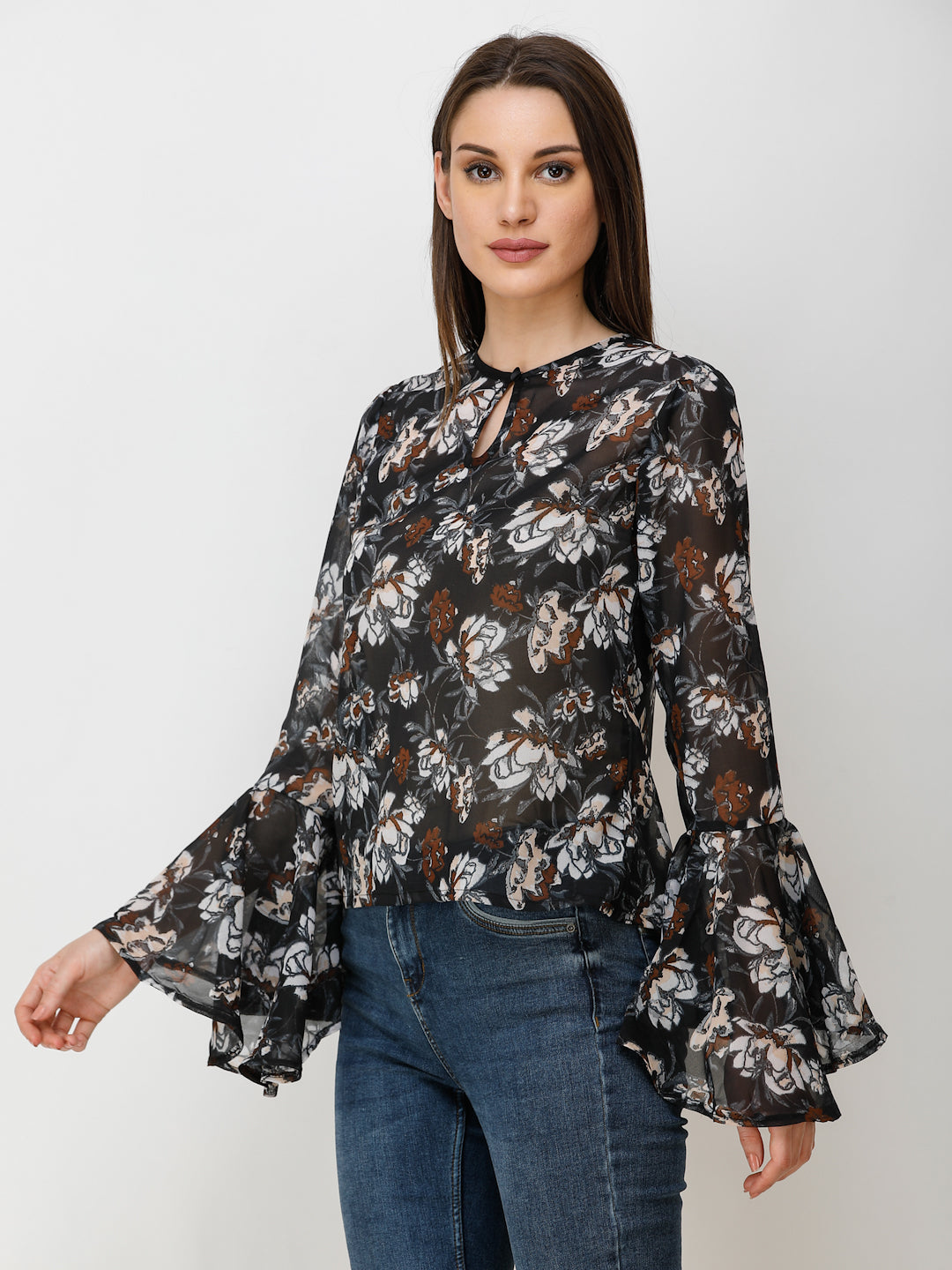 SCORPIUS Women Black & White Floral Printed Top