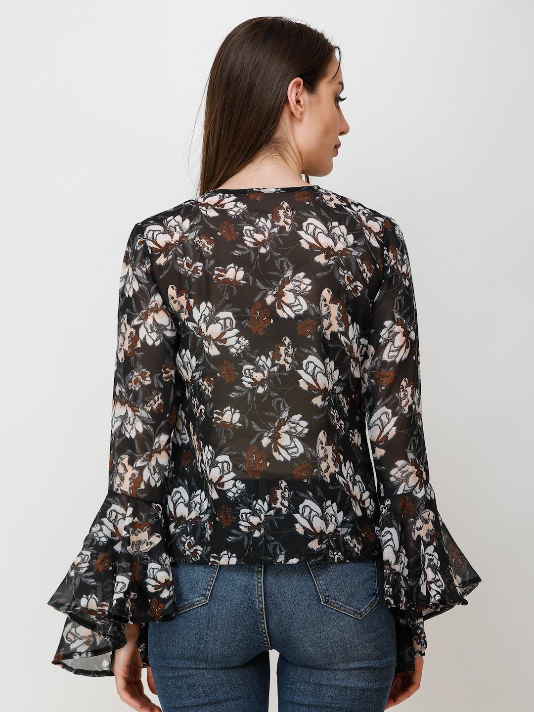 SCORPIUS Women Black & White Floral Printed Top