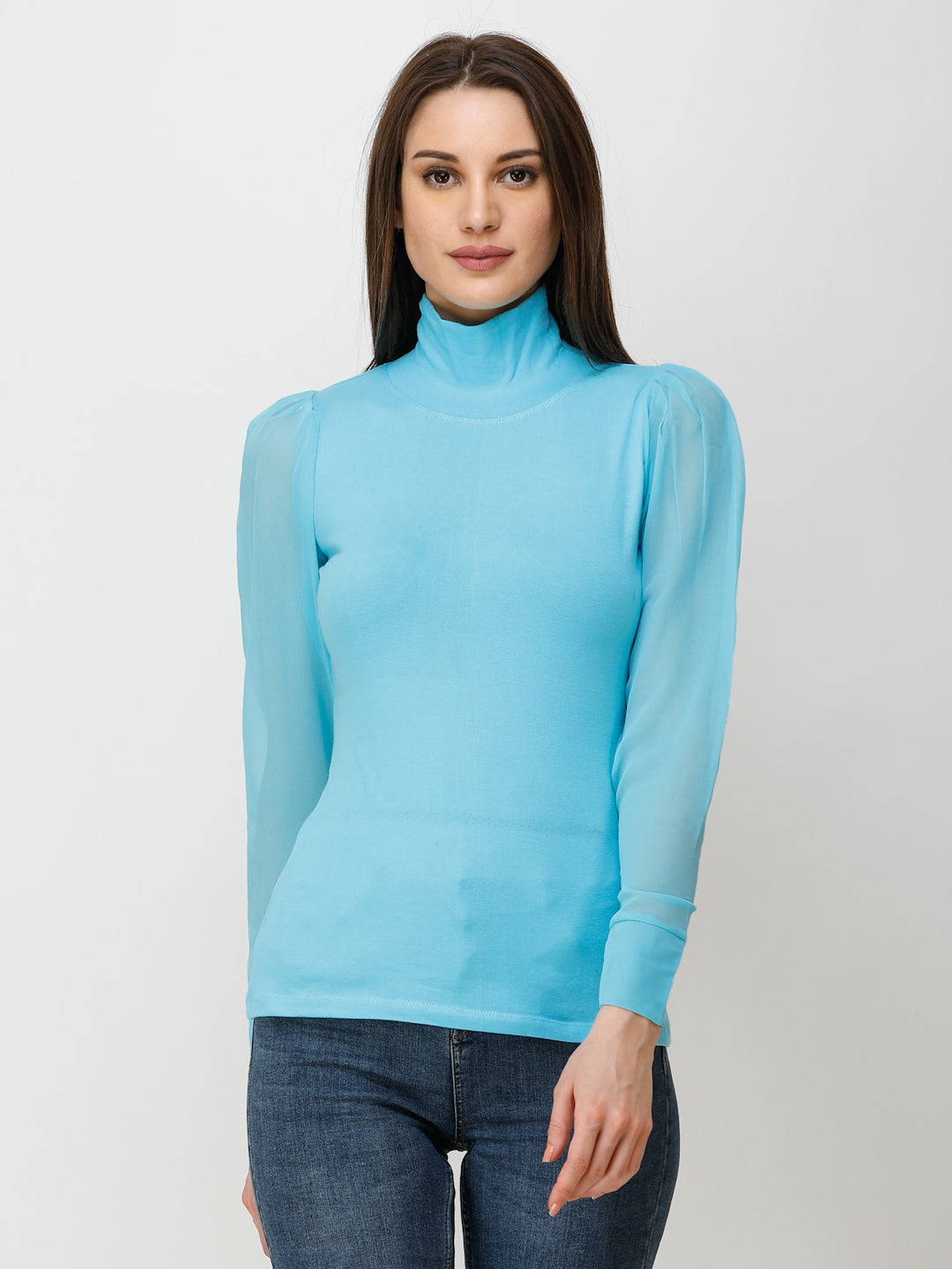 SCORPIUS Women Blue Solid High Neck Top