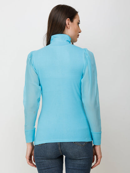 SCORPIUS Women Blue Solid High Neck Top